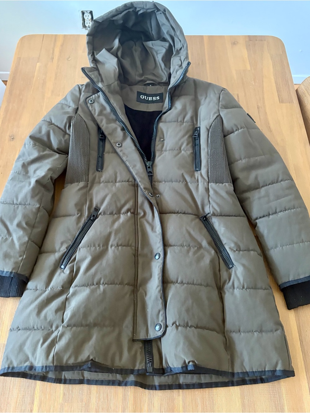 GUESS Olive Green Quilted Hooded Puffer Coat